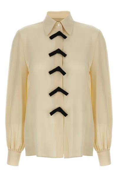 Valentino Garavani Silk Blouse With Bow Appliqués In Beige