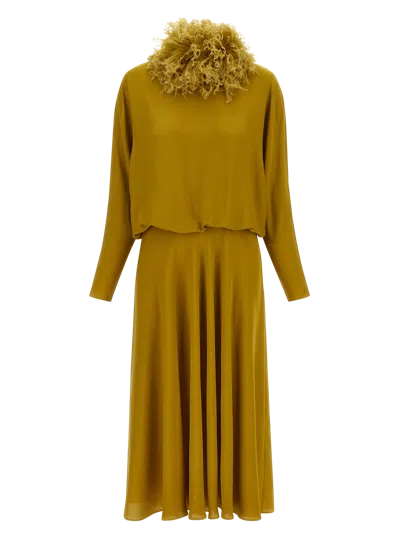 Valentino Georgette Midi Dress With Feathers Woman Ochre 38 In Gold
