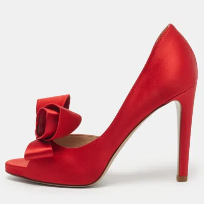 Pre-owned Valentino Garavani Garavani Size 36 Red Satin Bow D'orsay Peep Toe Pumps