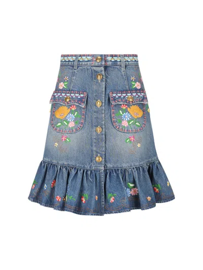 Valentino Floral-embroidered Midi Skirt In Medium Blue Denim