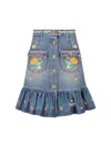 Valentino Floral-embroidered Midi Skirt In Medium Blue Denim