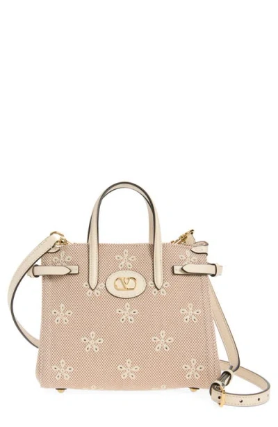 Valentino Garavani Small Antibes Flower Embroidered Eyelet Canvas Tote In 4g9 Naturale-tobacco/ivory