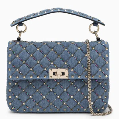 Valentino Garavani Small Bag With Rockstud Spike Chain In Embroidered Denim Women In Blue