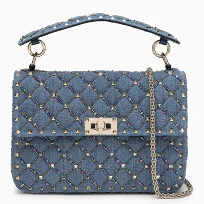 VALENTINO GARAVANI VALENTINO GARAVANI SMALL BAG WITH ROCKSTUD SPIKE CHAIN IN EMBROIDERED DENIM WOMEN