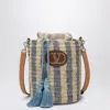 Valentino Garavani Small Bucket Bag In Raffia With Beige And Light Blue Stripes In Multi