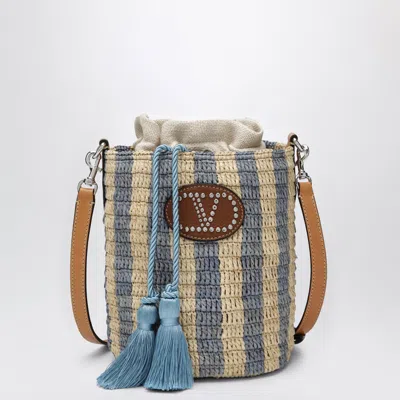 Valentino Garavani Small Bucket Bag In Raffia With Beige And Light Blue Stripes In Multi