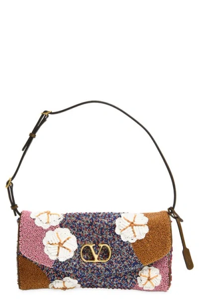 Valentino Garavani Small Devain Beaded Silk Shoulder Bag In Brown Multi