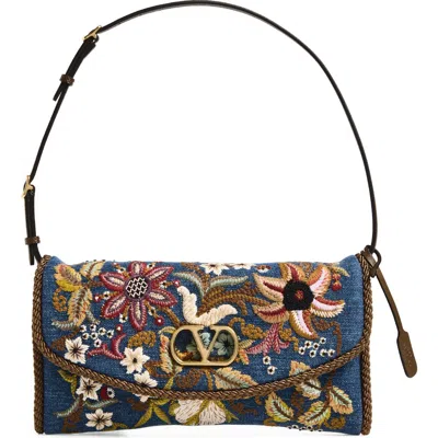Valentino Garavani Small Devain Embroidered Denim Shoulder Bag In Multi