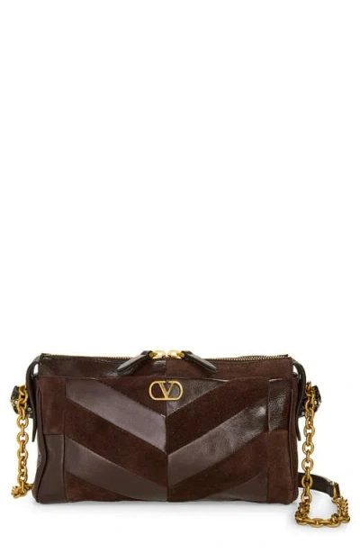 Valentino Garavani Valentino Mini Panthea Small Shoulder Handbag In Suede And Nappa With Chevron Pattern In Ebonybrwnk
