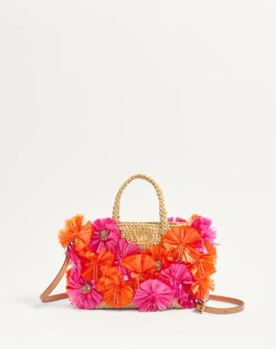 Valentino Garavani Small Raffia Shopping Bag With Flowers And Beads Woman Natural/red Uni