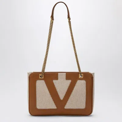 Valentino Garavani Small Viva Superstar Bag In Natural/spice Canvas In Sand