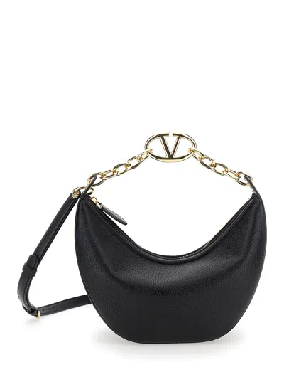 Valentino Garavani 'small Vlogo Moon' Black Hobo Bag With Chain In Grainy Leather Woman In Multicolor