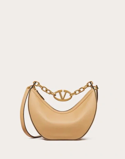 Valentino Garavani Small Vlogo Moon Hobo Bag In Grainy Calfskin With Chain Woman Cappuccino Uni In カプチーノ