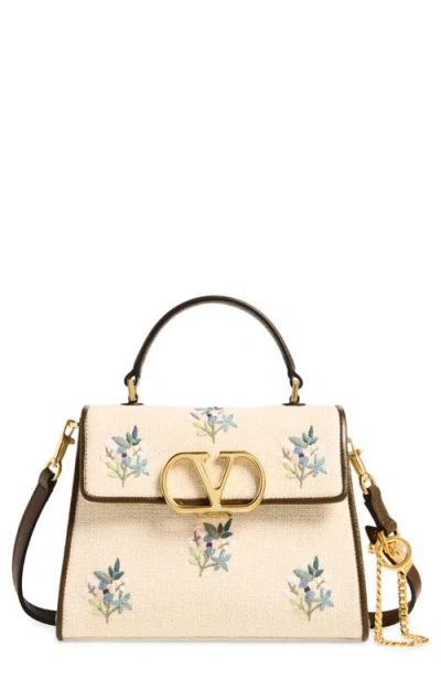Valentino Garavani Small Vsling Embroidered Linen Top Handle Bag In Neutral