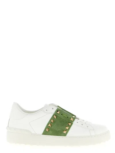 Valentino Garavani White Leather Rockstud Untitled Sneakers With Green Band