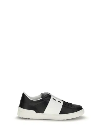 Valentino Garavani Black Leather Open Sneakers With White Band In Multi