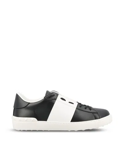 Valentino Garavani Black Leather Open Sneakers With White Band In Multi