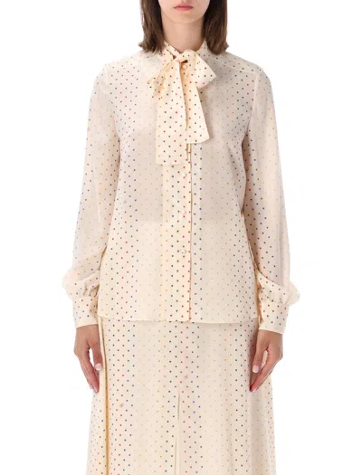 Valentino Garavani Star-print Pure Silk Blouse With Self-tie Neckline In Bianco