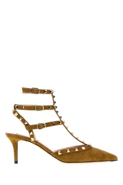 Valentino Garavani Rockstud Pointed Toe Ankle Strap Pumps In Brown