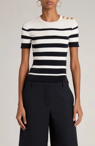 Valentino Embellished Striped Ribbed Cotton Sweater In Navy Ivory