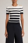 Valentino Garavani Stripe Button Detail Short Sleeve Sweater In Navy/avorio