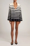 Valentino Garavani Stripe Flounce Hem Long Sleeve Crepe Couture Dress In Avorio/ Navy