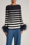 Valentino Garavani Stripe Silk Top With Feather Cuffs In Ivory/navy