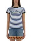 Valentino Womens Striped Embroidered Cotton-jersey T-shirt Avorio Blu
