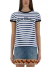 Valentino Womens Striped Embroidered Cotton-jersey T-shirt Avorio Blu