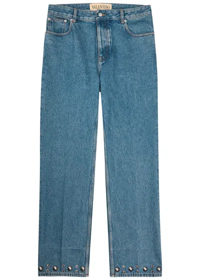 Valentino Garavani Stud-embellished Straight-leg Cotton Jeans In Blue