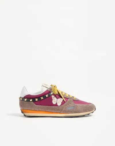 Valentino Garavani Stud Up Sneaker In Split Leather And Nylon With Butterfly Embroidery In Brown