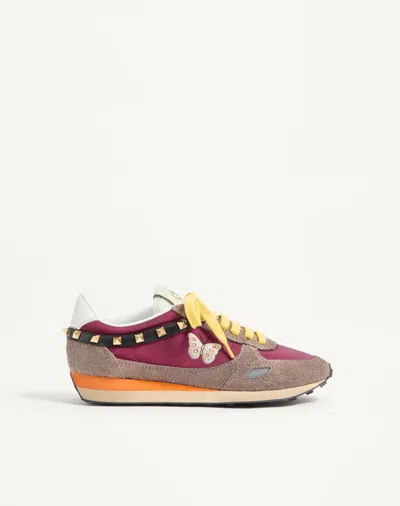 Valentino Garavani Stud Up Trainer In Split Leather And Nylon With Butterfly Embroidery Woman Insole In Multi
