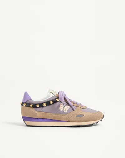 Valentino Garavani Stud Up Trainer In Split Leather And Nylon With Butterfly Embroidery Woman Lilac/ In Purple