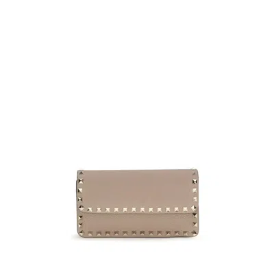 Valentino Garavani Studded Calf Leather Wallet In Beige