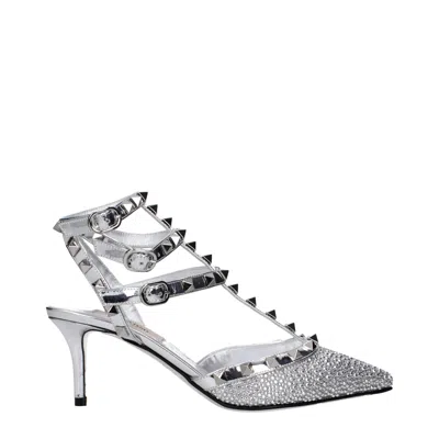 Valentino Garavani Studded Rhinestone Patent Leather Heel In Silver