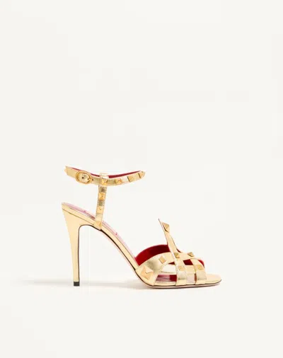 Valentino Garavani Studdy Sandal In Laminated Nappa Leather 100mm Woman Antique Brass 41 In Multi