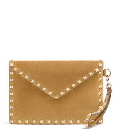 Valentino Garavani Suede Rockstud Clutch Bag In Brown