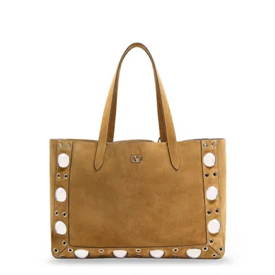Valentino Garavani Suede Shopping Bag With Metal Logo In Brown