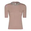 Valentino Beige Vertical Striped Slim Fit Short Sleeve Sweater