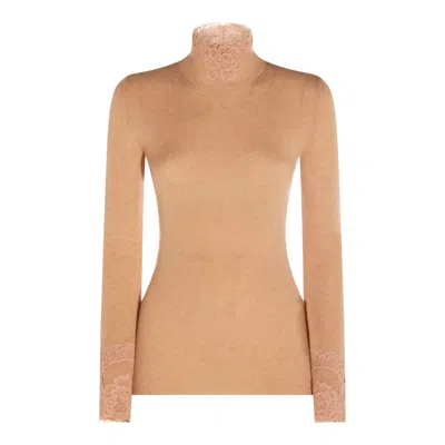Valentino High Neck Long Sleeve Knitwear With Lace In Brown