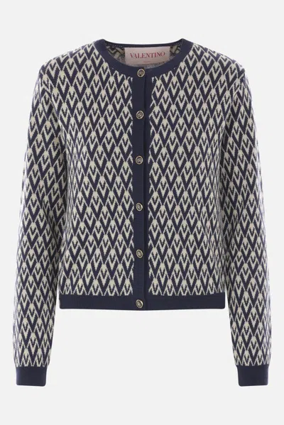 Valentino Toute La V Virgin Wool Cardigan In Blue