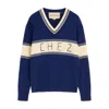 Valentino Embroidered Striped Virgin Wool And Cotton-blend Sweater In Blue