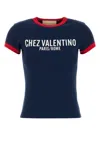 Valentino Crew Neck Cotton T-shirt With Contrast Trim In Blue
