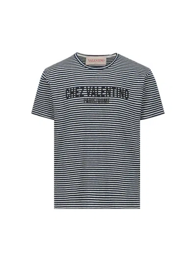 Valentino Garavani Embroidered Stretch Linen Blend T-shirt In Stripped