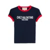 Valentino Crew Neck Cotton T-shirt With Contrast Trim In Blue