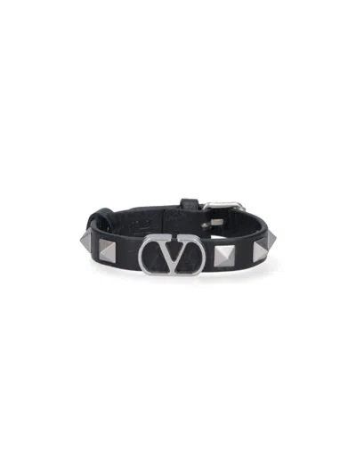 Valentino Garavani Textured Leather Bracelet With Silver Studs In Black