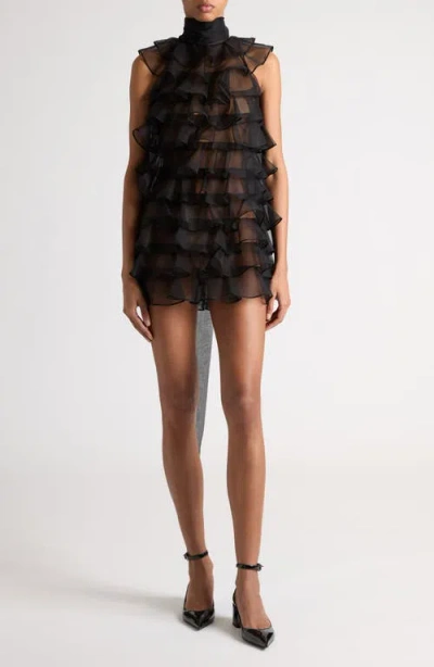 Valentino Garavani Tiered Ruffle Sheer Silk Minidress In Nero
