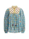 Valentino Beaded Pinstripe Floral-print Blouse In Blue