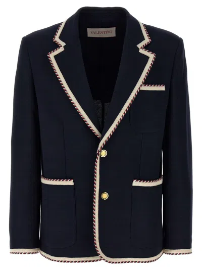 Valentino Garavani Torchon Blazer With Mirror Lapels And Piping In Blue