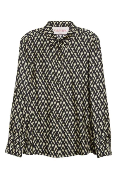 Valentino Garavani Toute La V Silk Twill Button-up Shirt In Black/cream